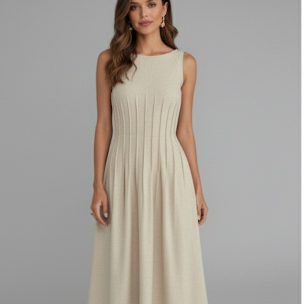 Pleated Waist Minimalist Maxi Dress Beige